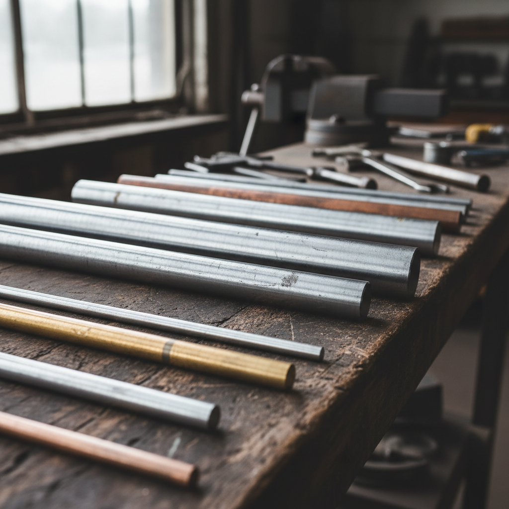 generate a sqaure image of various diameter metal bars on a table